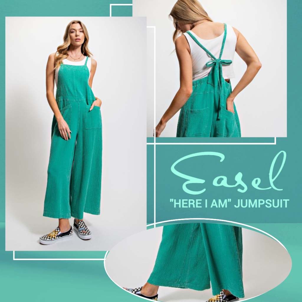 Easel "Here I Am" Mineral Washed Wide Leg Jumpsuit Adjustable Tie Straps Pockets